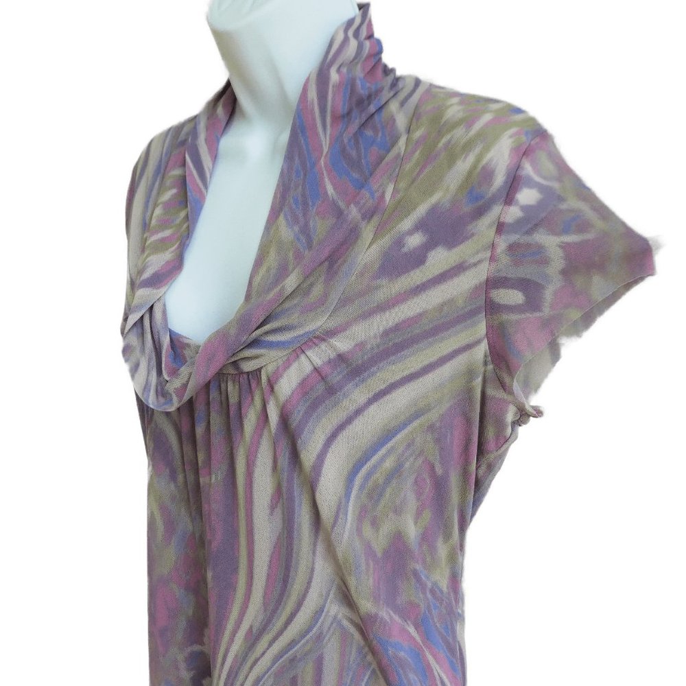 Johnny Heaven Nylon Mesh Top Stretch Cowl Neck Cap Sleeves Muted Pink Purple L